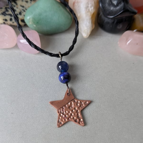 Copper star pendant with blue tiger eye beads and macrame necklace