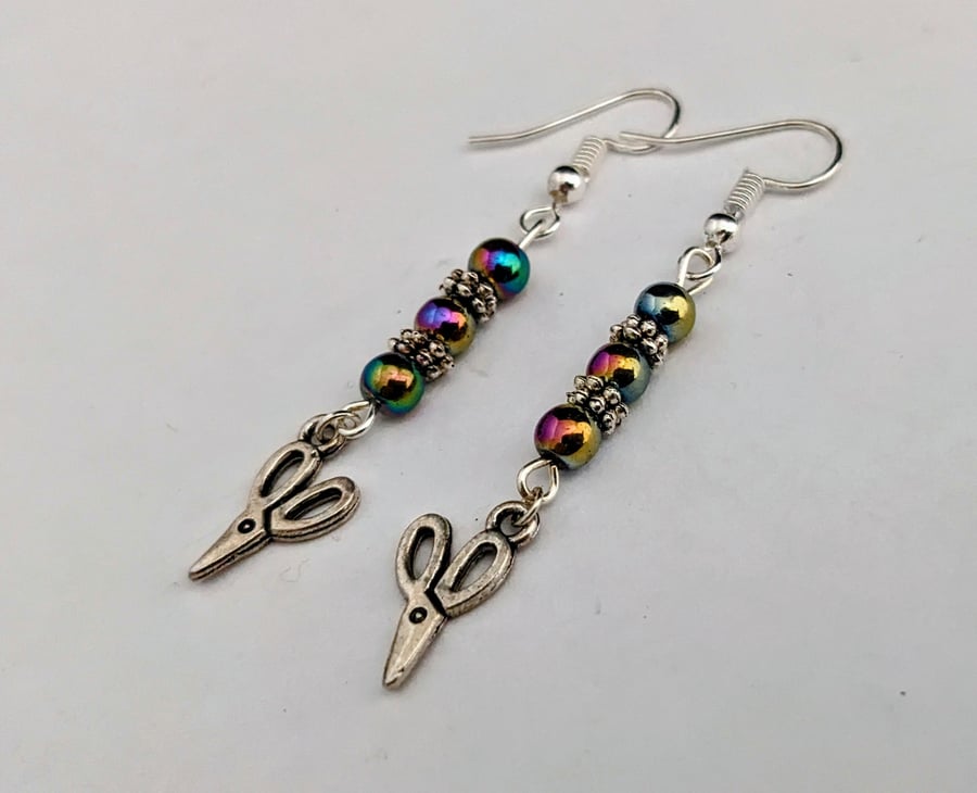 Dainty scissors earrings with peacock lustre beads
