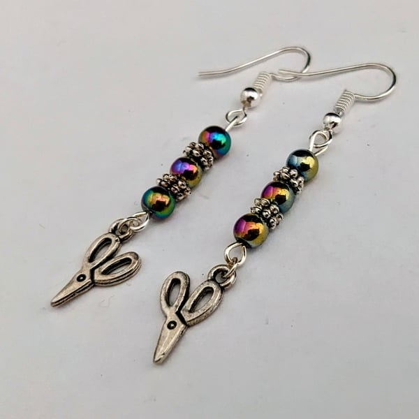 Dainty scissors earrings with peacock lustre beads