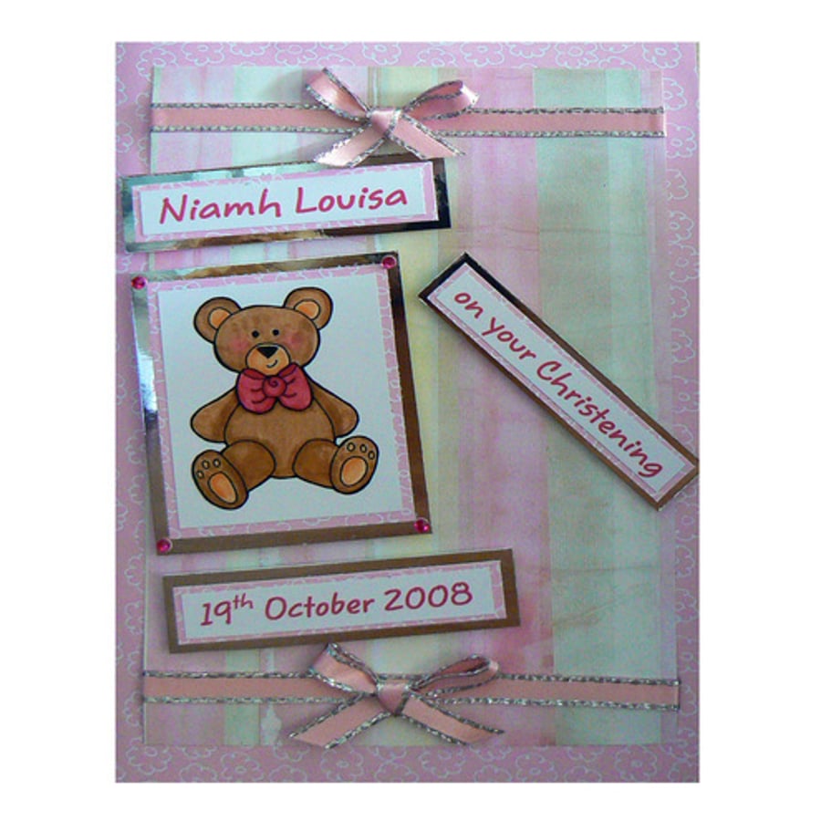 Teddy Bears and Pink Christening Card (CHR169)