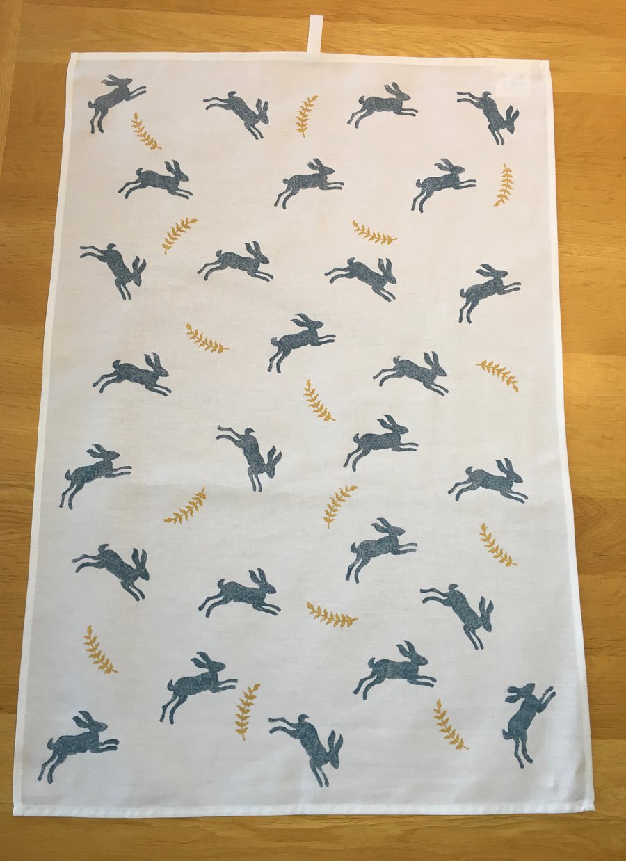 Hand Block Printed Tea Towel - Hares and Ferns