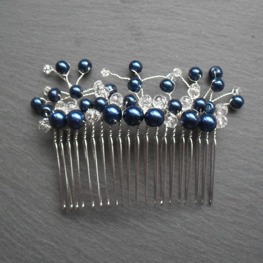 Navy Blue Pearl and Crystal Hair Comb HC017