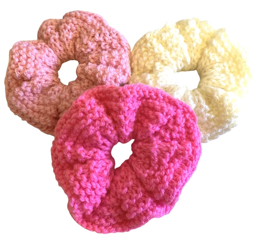 Pink Hand Knitted Hair Scrunchies SET OF THREE Hot Candy Cream Double Sided