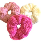 Pink Hand Knitted Hair Scrunchies SET OF THREE Hot Candy Cream Double Sided