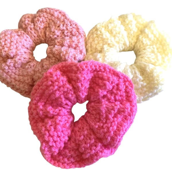 Pink Hand Knitted Hair Scrunchies SET OF THREE Hot Candy Cream Double Sided