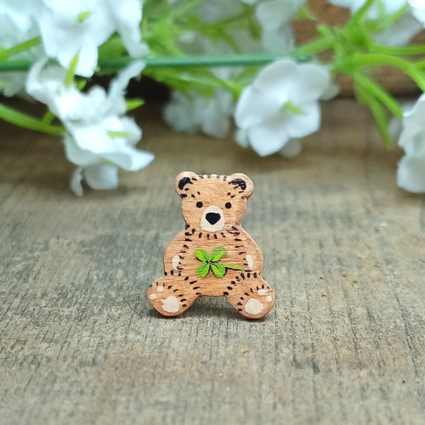 Four Leaf Clover Tiny Bear Pin, Handmade Small Lucky Teddy Pin, Good Luck Gift