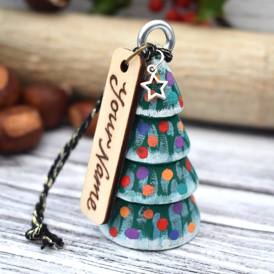 Christmas tree decoration, personalised using pyrography