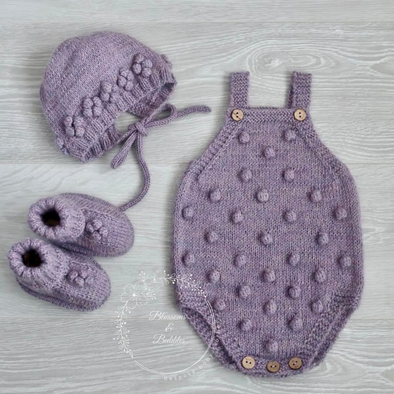 Hand Knitted Baby Outfit – Romper, Hat & Booties