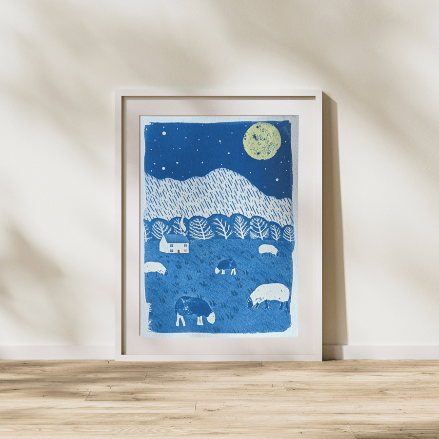 Mixed Media Cyanotype Cottage and Sheep in the Night A5 Original