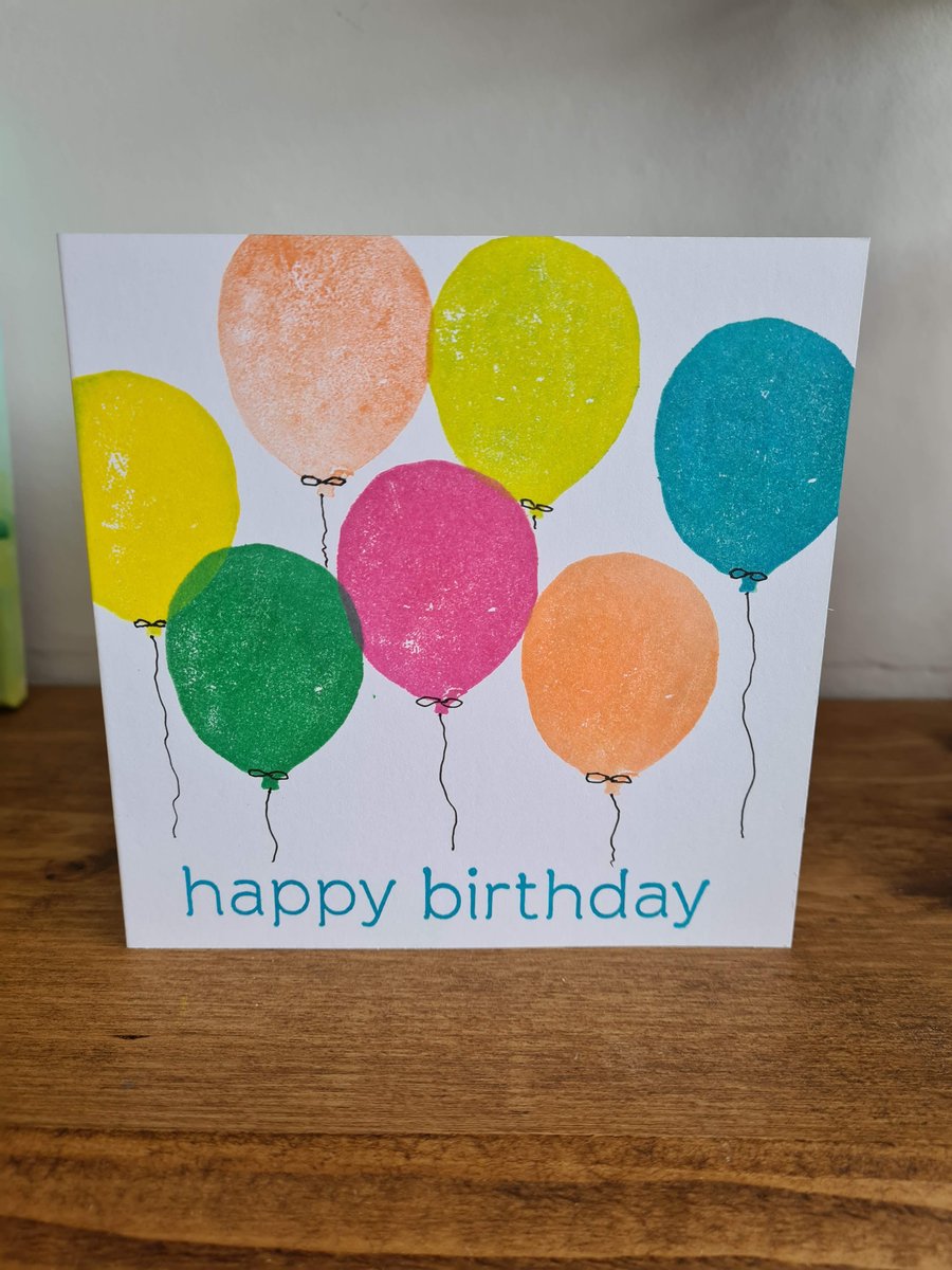 Colourful balloon birthday card handprinted