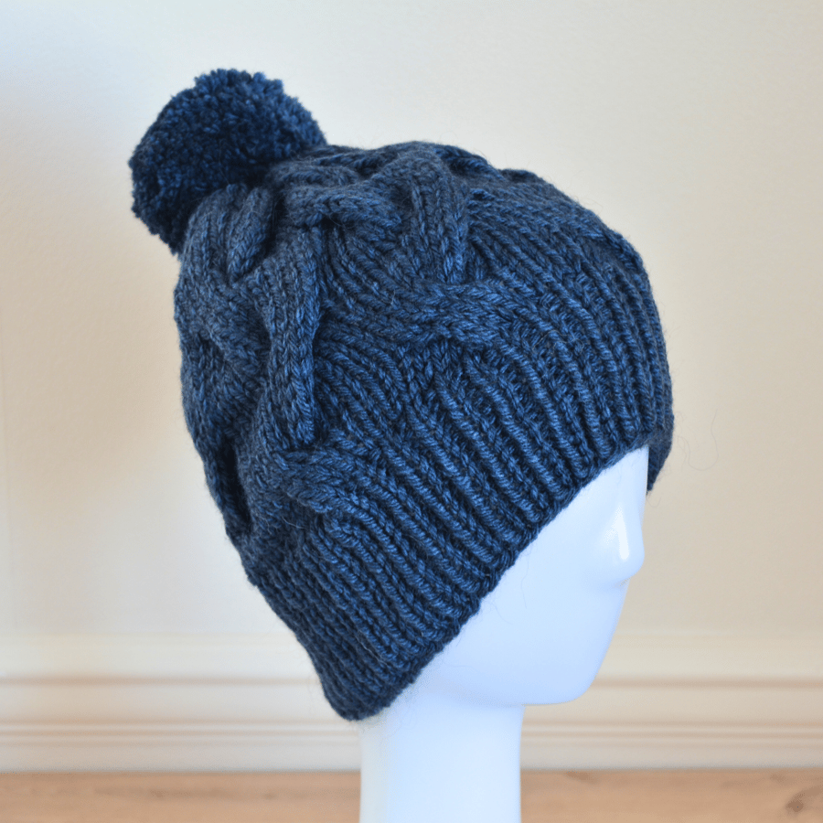 Knitted Cable Bobble Hat Alpaca Wool Mix Dark Blue