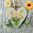 Daffodil hand-painted wooden heart decoration 