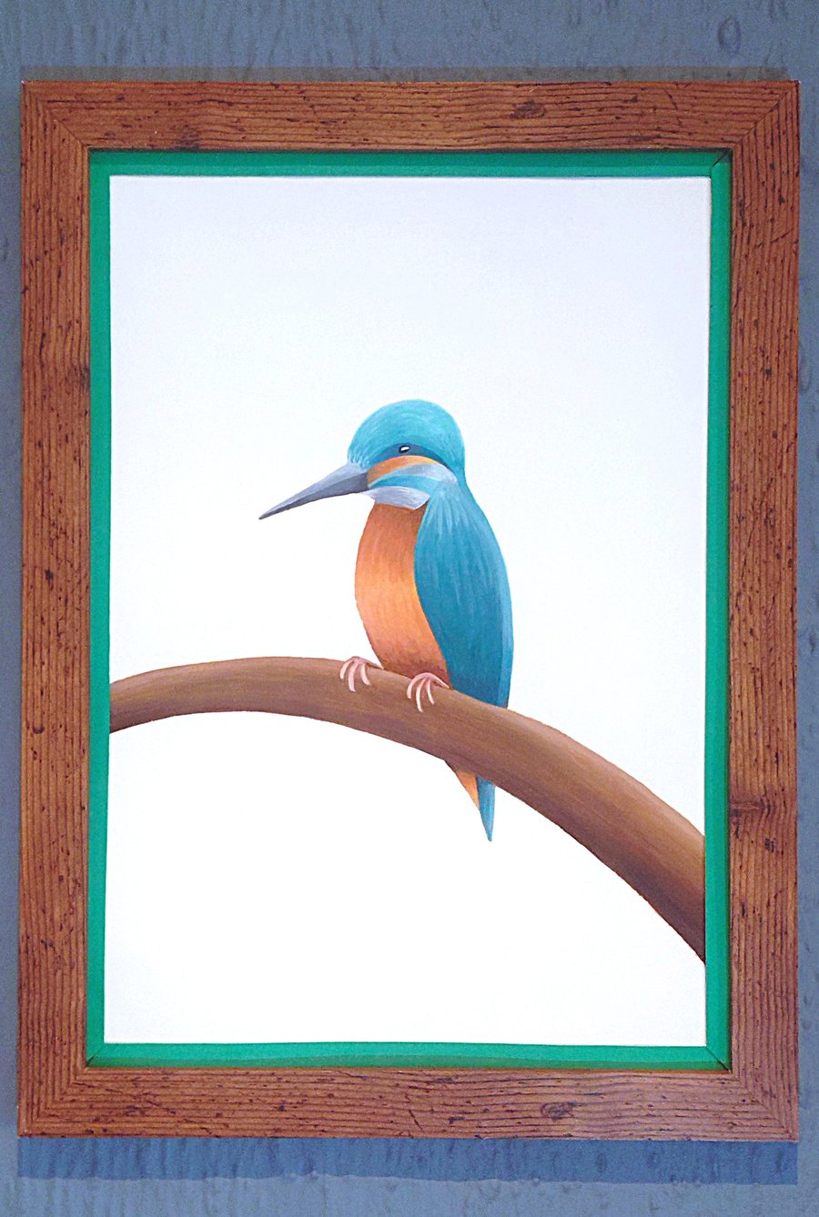Handmade Unique Framed A3 Print Colourful Kingfisher Dark Green Border Wallart