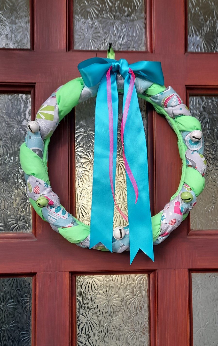 Contemporary Christmas Fabric Wreath with Bells and Ribbons