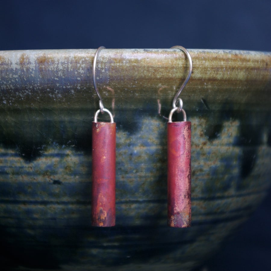 Upcycled Copper Tube Long Dangle Earrings