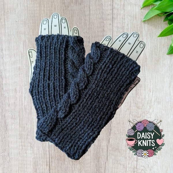 Dark Blue Hand-Knitted Fingerless Gloves with Cable Pattern