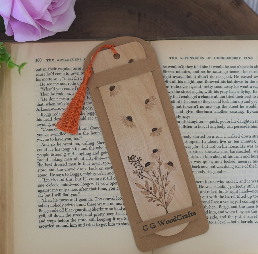 Wooden Pyrography Bookmark Rudbeckia 
