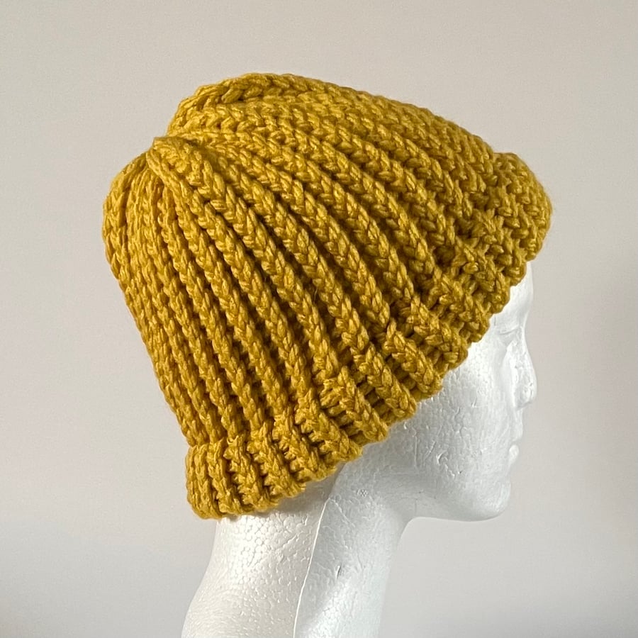 Mustard Coloured Unisex Chunky Beanie with Fixed Brim, perfectly imperfect