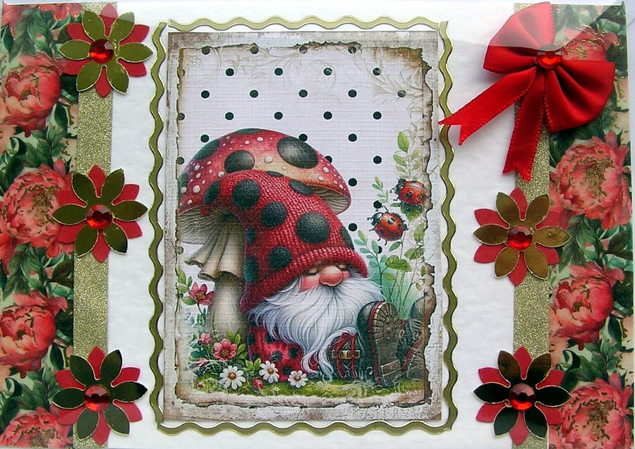 Ladybird Sleeping Gnome - Hand Crafted Decoupage Greeting Card - Blank - 2702