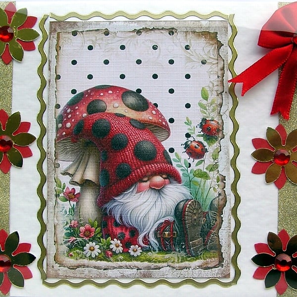 Ladybird Sleeping Gnome - Hand Crafted Decoupage Greeting Card - Blank - 2702