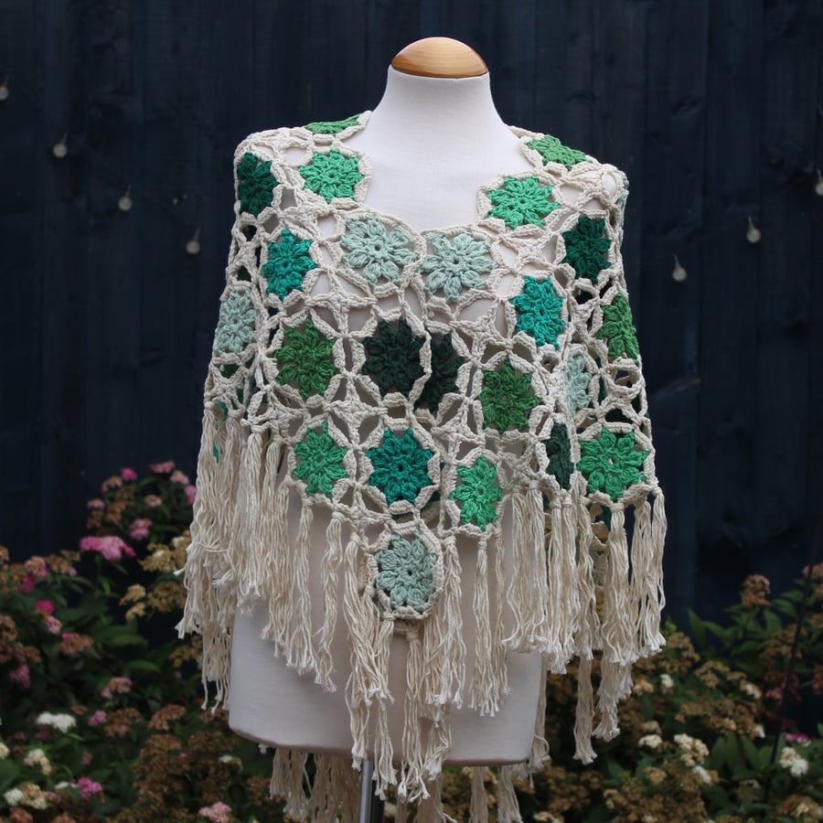 Ecru and green colours warm and cosy cotton crochet shawl - design A447