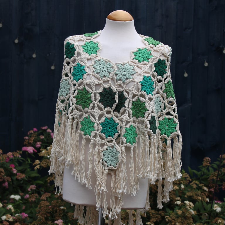 Ecru and green colours warm and cosy cotton crochet shawl - design A447