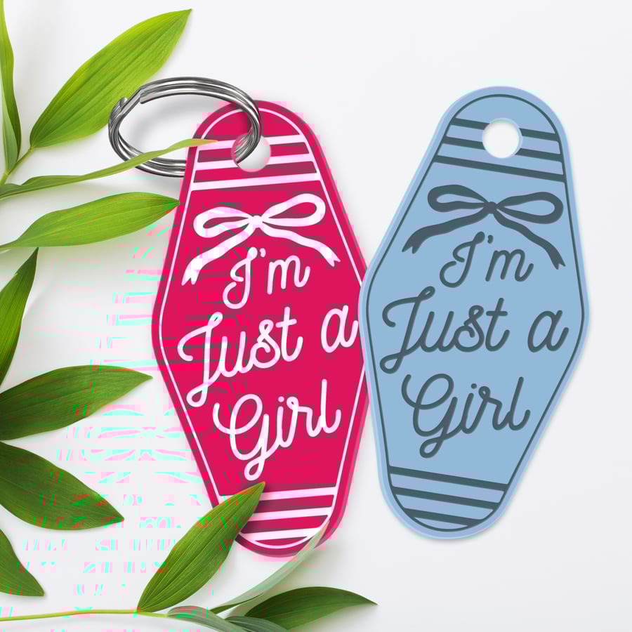 Retro Motel Keyring – “I’m Just a Girl” Acrylic Keychain - Bow: Gift for Her
