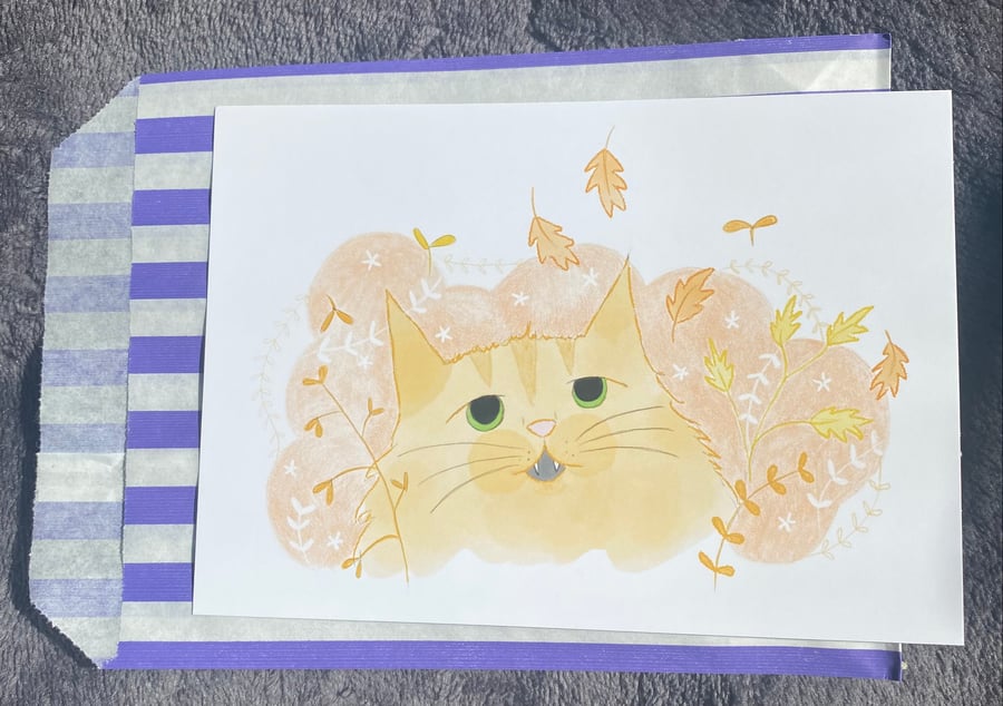 Autumn Leaf Cat Postcard Print, A6