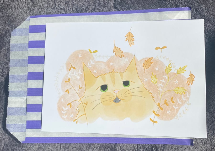 Autumn Leaf Cat Postcard Size Print, A6