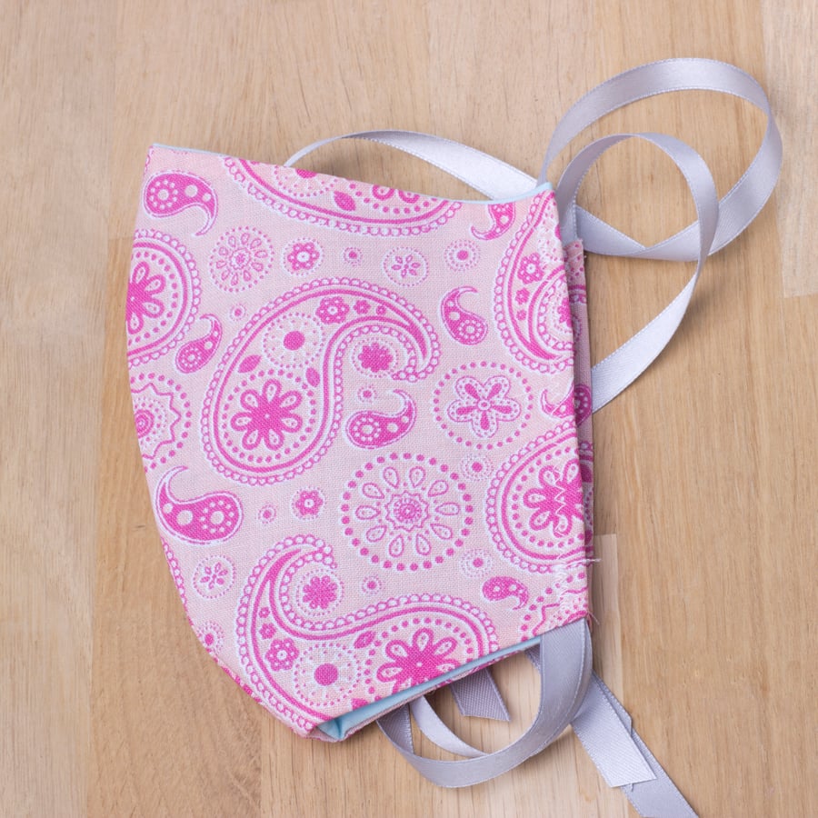 Face mask - 2 layer face covering with ties - pink paisley pattern - adult