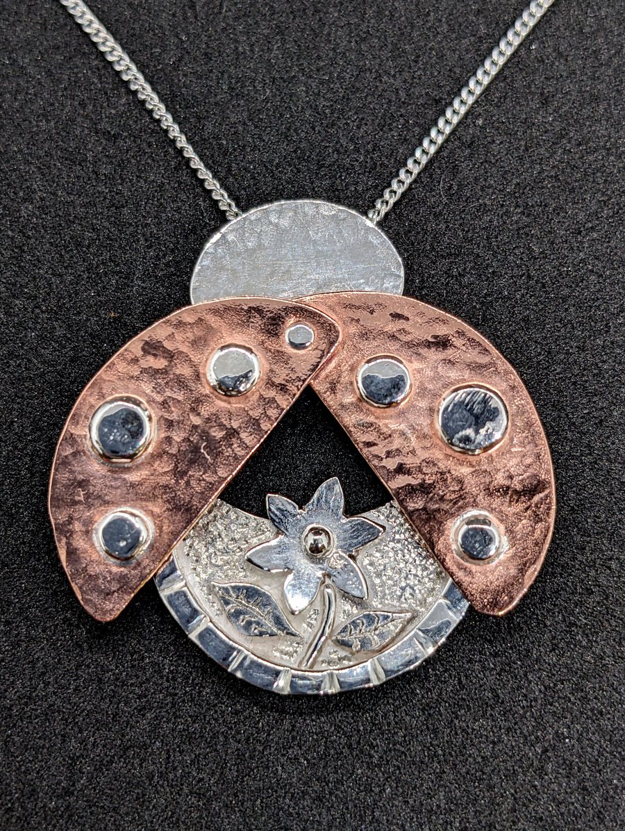 Silver ladybird pendant, Moving jewellery, Silver insect necklace