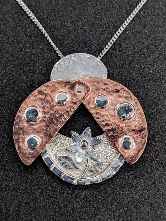 Silver ladybird pendant, Moving jewellery, Silver insect necklace