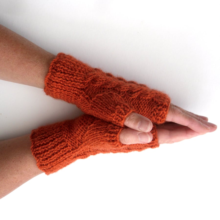 Bright orange cable fingerless gloves