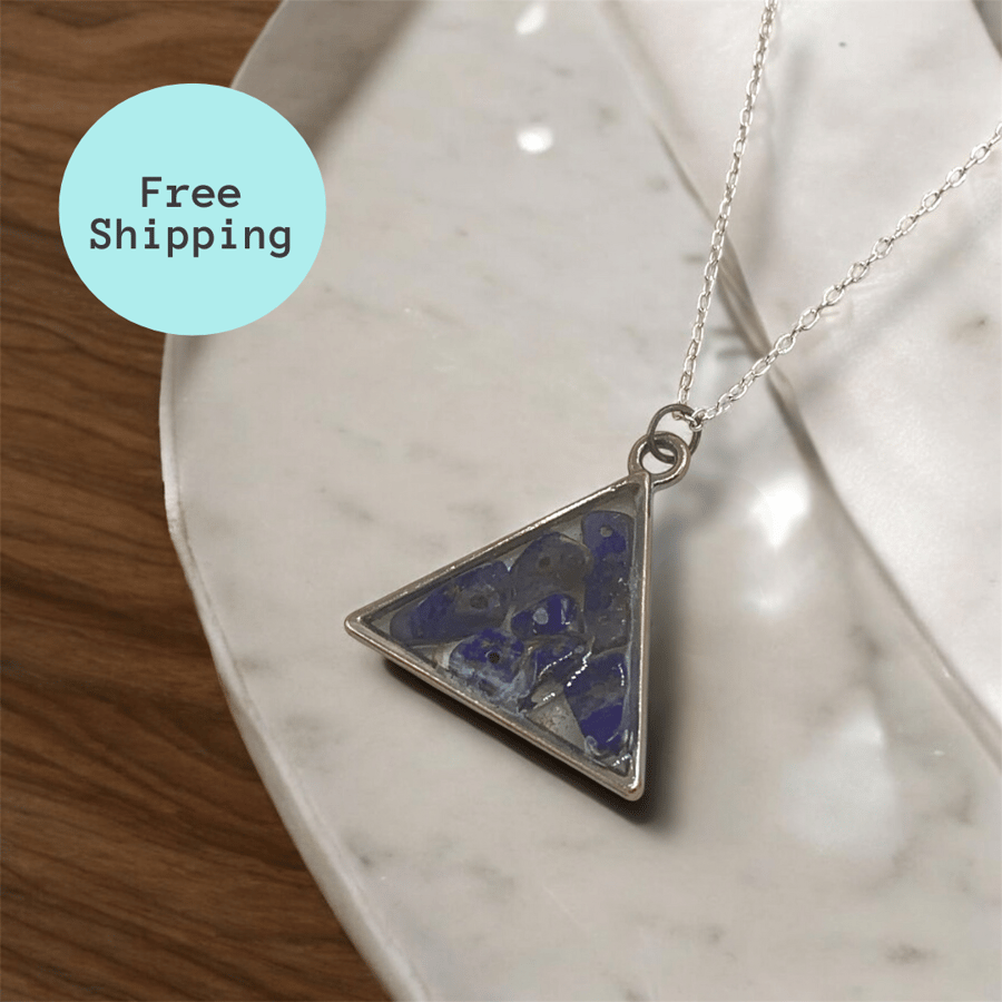 Blue Lapis Lazuli Fidget Necklace for Anxiety Relief - Triangle Silver Pendant