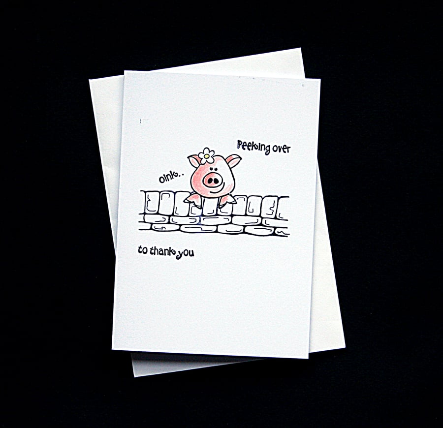 Peeking over Pig - Handcrafted Thank You Card - dr16-0060