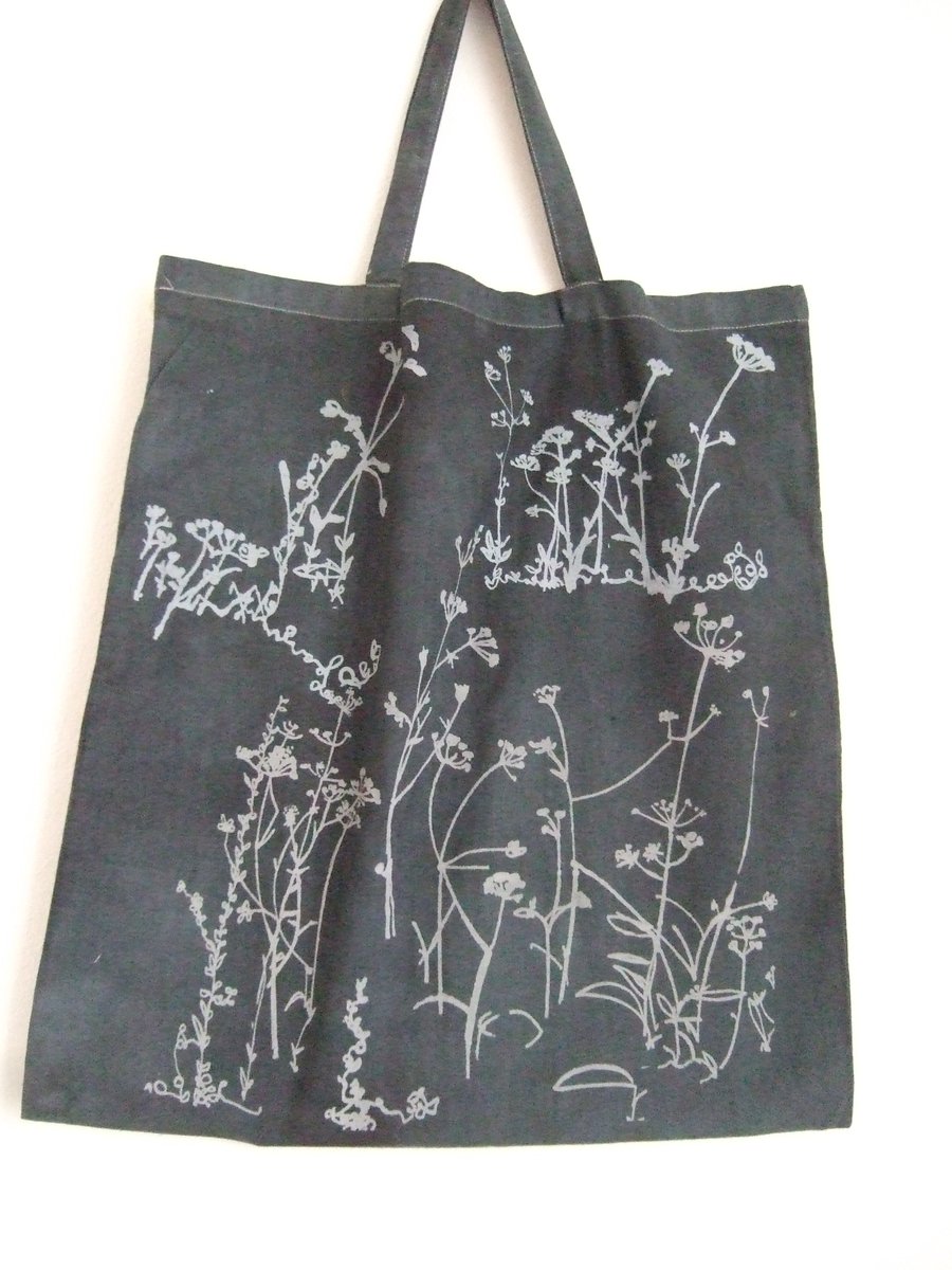 Meadow cotton tote bag  grey and light grey  hand dyed and hand printed bag 