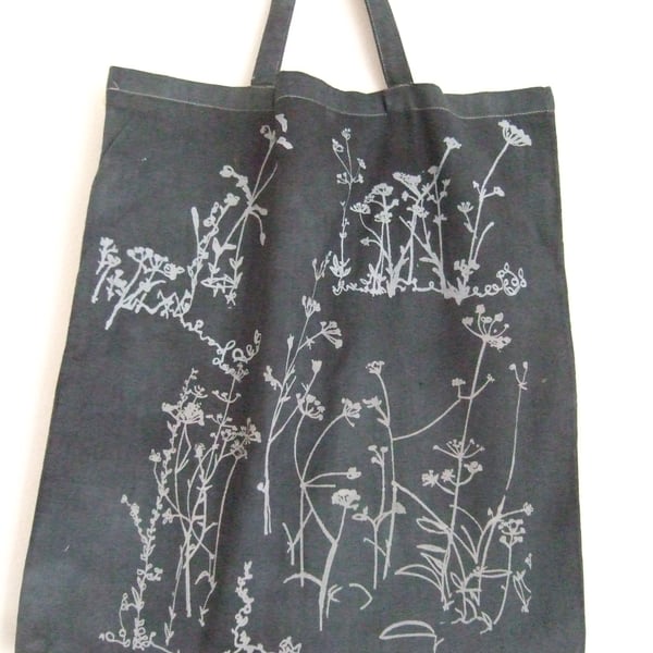 Meadow cotton tote bag  grey and light grey  hand dyed and hand printed bag 