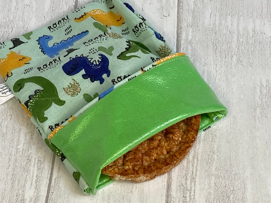 Reusable snack bag with food-safe lining. Dinosaurs