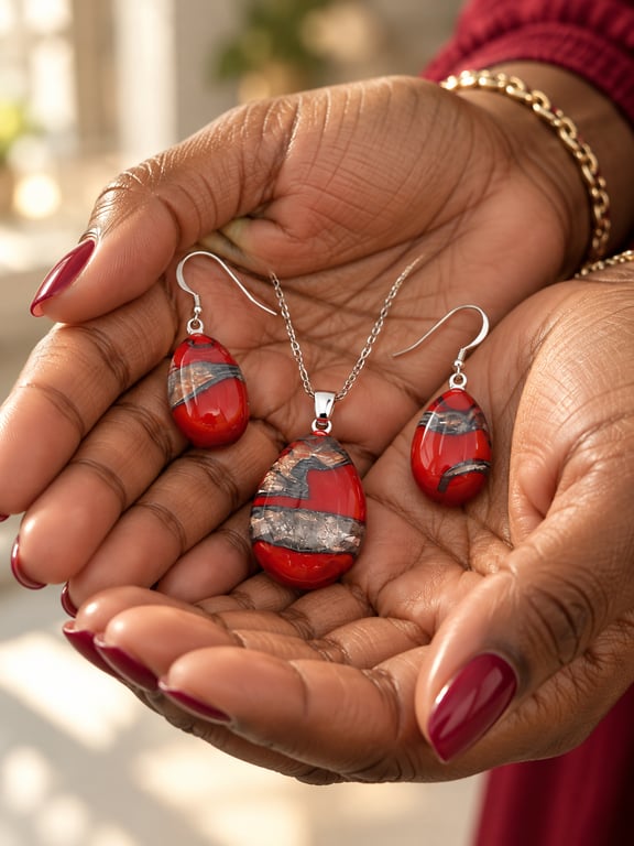 Red Silver Leaf Fused Glass Hook Earrings and Pendant Set