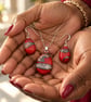 Red Silver Leaf Fused Glass Hook Earrings and Pendant Set
