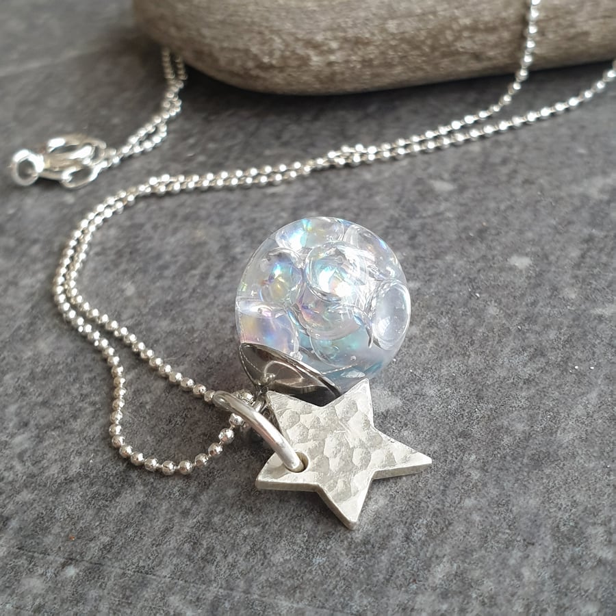 Rainbow bubble pendant, Gift for fairy lover, Silver star necklace