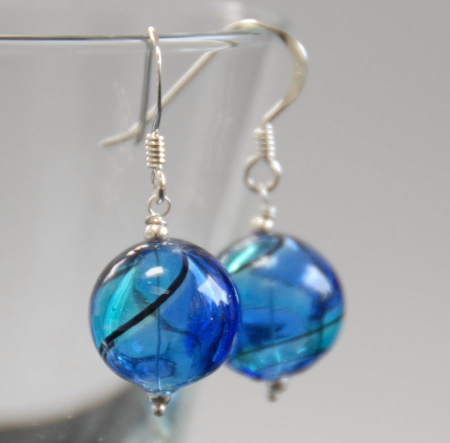 round blown glass and silver earrings - light and dark blue