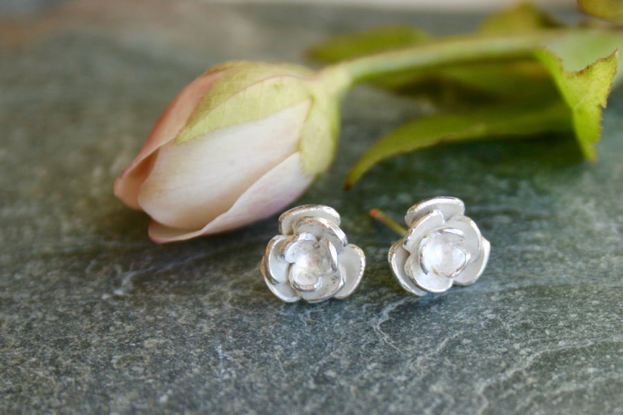 Silver flower stud earrings, rose jewellery, silver studs