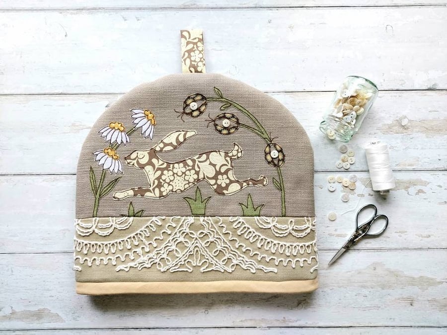 Leaping Hare Freemotion Sewn Applique Tea Cosy