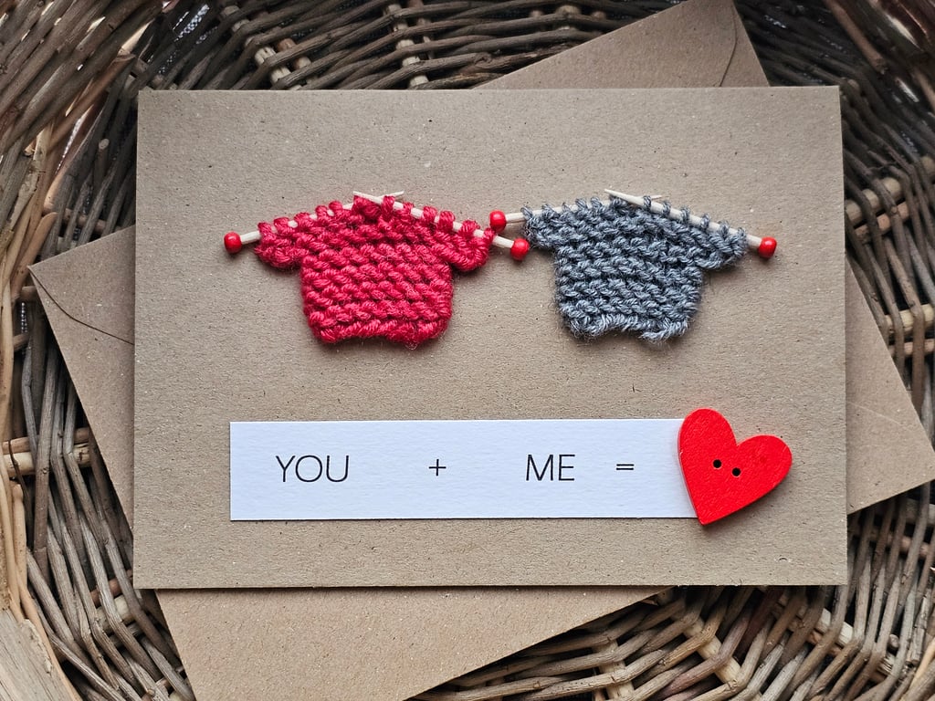 You and Me Handmade Love Card with 2 tiny knitted jumpers Size 6" x 4"