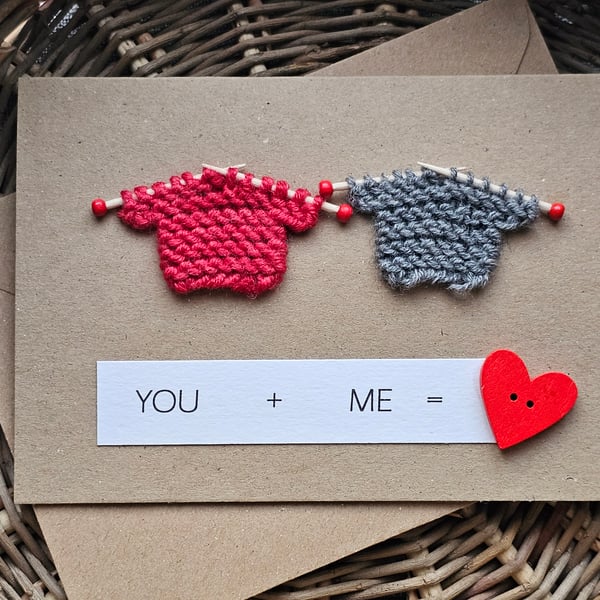 You and Me Handmade Love Card with 2 tiny knitted jumpers Size 6" x 4"