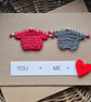 You and Me Handmade Love Card with 2 tiny knitted jumpers Size 6" x 4" Valentine - Image 1