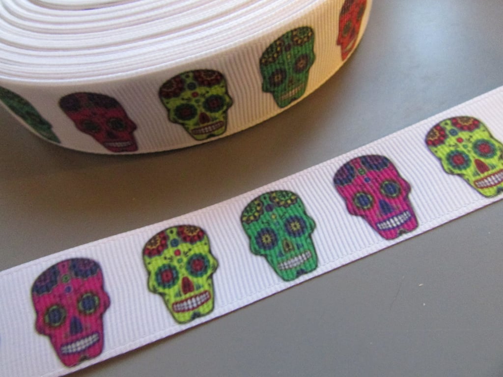 White Gothic Sugar Skull Grosgrain Ribbon 2.2cm x 1 Metre