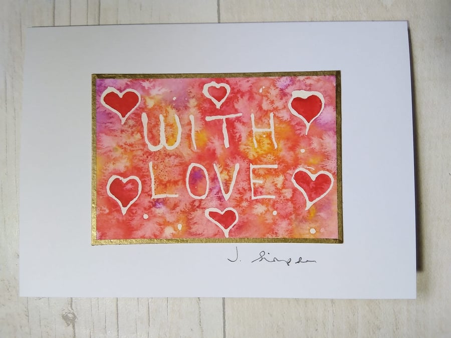 Hand painted watercolour card. Valentine's day card, With love card.. 