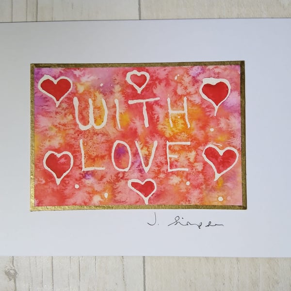 Hand painted watercolour card. Valentine's day card, With love card.. 